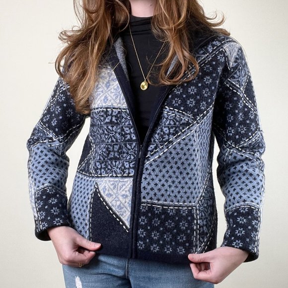 Vintage Sweaters - Vintage Quilted Embroidered Patchwork Printed Light Sweater Jacket Cardigan Coat